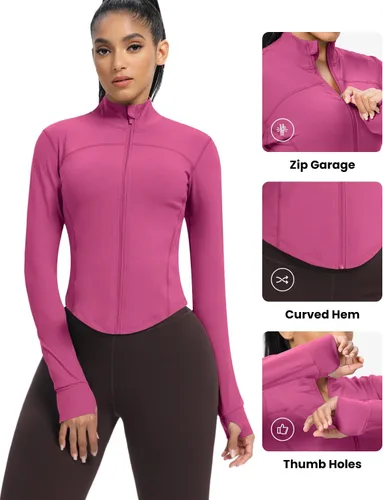Vista 10 de AVGO Chaquetas de entrenamiento recortadas para mujer, con cremallera, ajustadas, atléticas, con agujeros para el pulgar