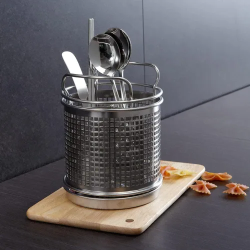 Vista 3 de LENITH Soporte redondo para utensilios de cocina de acero inoxidable – Base pesada para estabilidad – Utensilios de cocina con divisor extraíble
