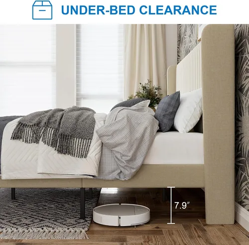 Vista 7 de GOLDORO Marco de cama King Size con base elevada, cabecera tapizada con botones verticales y alas, soporte de listones de madera, no necesita