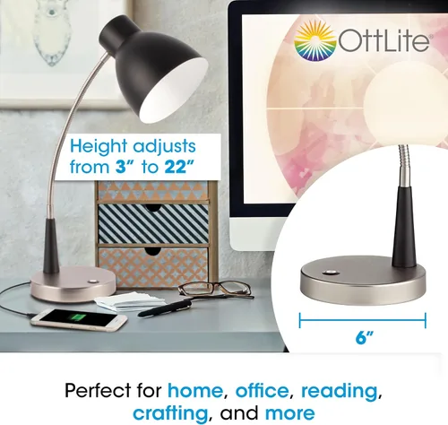Vista 5 de OttLite Lámpara de escritorio LED ajustable con puerto USB de 2.1 A - Portátil, ajustable, luz de escritorio 3 modos de temperatura de color Los