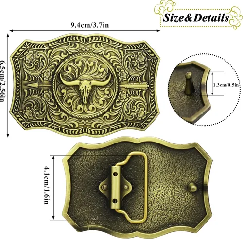 Vista 2 de RechicGu Hebilla de cinturón ovalada de calavera de toro de cuerno largo, cuentas de madera turquesa nativa americana, hebillas de vaquero