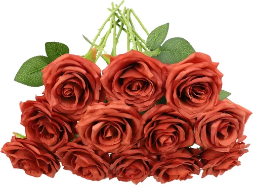 Vista 23 de Flores artificiales de rosa, rosas artificiales, rosas de seda, rosas falsas de aspecto real con tallos para manualidades, ramos de boda, centros