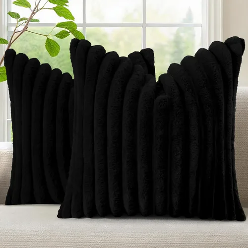 Vista 18 de decorUhome Fundas de almohada de piel sintética, juego de 2, decorativas, afelpadas, suaves, afelpadas, a rayas, parte posterior de terciopelo