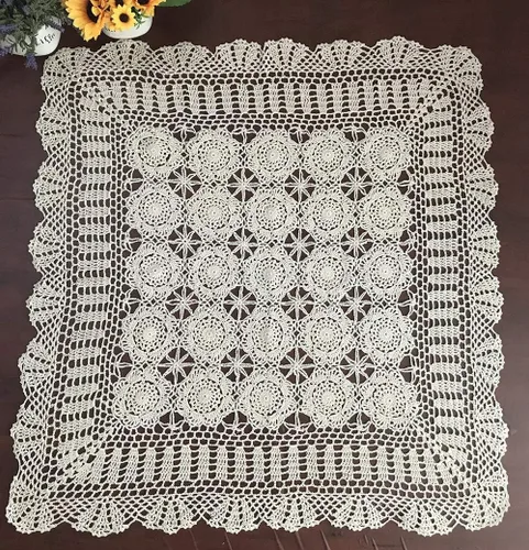 Vista 6 de Hetao Mantel cuadrado de ganchillo 100% algodón hecho a mano, manteles de encaje, color beige, 31 pulgadas