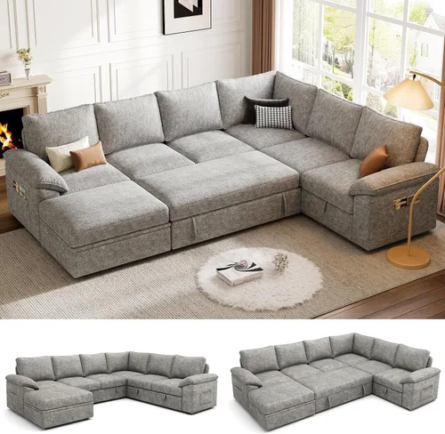 Vista 12 de Sofá modular de 85 pulgadas con cama extraíble, sofá modular de 5 asientos en forma de L con almacenamiento, sofás seccionales para sala de estar