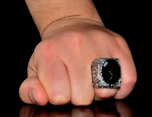 Vista 7 de 925 Sterling Silver Men's Ring with Natural Gemstone, Handmade Steel Pen Craft