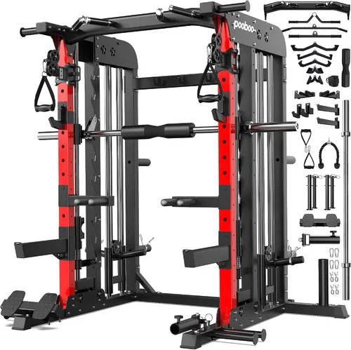 Vista 11 de pooboo Power Cage Smith Machine with 2000LB Squat Rack Cable System LAT Pulldown and Dual Pulley Cable Crossover with All-in-One Home Gym Machine