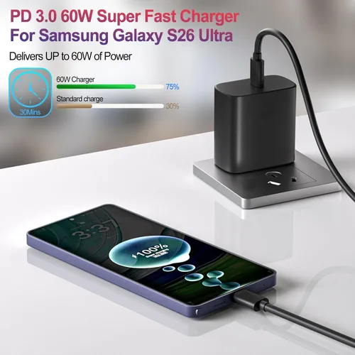 Vista 2 de Cargador súper rápido de 60 W, cargador Samsung para teléfono Android, paquete de 2 cargadores USB C bloque de carga rápida y cable USB C de 10 pies