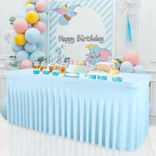 Vista 19 de Besutolife - Faldas de mesa de elastano negro para mesas rectangulares de 4 pies, diseño de una pieza, mantel para fiestas de cumpleaños, bodas