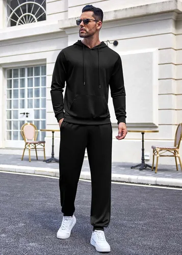 Vista 2 de COOFANDY Conjunto deportivo de 2 piezas de manga larga para hombre, conjunto casual con capucha