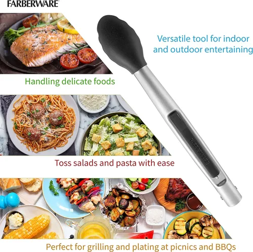 Vista 10 de Farberware Pinzas de cocina de silicona profesional de 12 pulgadas, mecanismo de bloqueo con una sola mano, agarre festoneado, pinzas de cocina