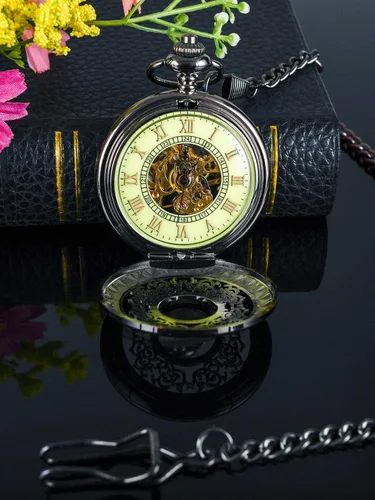 Vista 4 de BOSHIYA Mens Vintage Skeleton Pocket Watch Steampunk Windup Half Hunter Mechanism Gear Cover with Chain