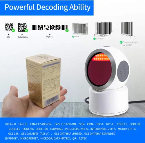 Vista 4 de Escáner de código de barras QR 2D, symcode Omnidireccional Manos Libres USB Lector de Código de Barras Automático para Pagos Móviles Computadora