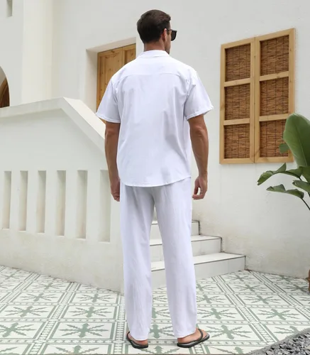 Vista 5 de RPOVIG Conjunto de camisa de lino y pantalones conjuntos de lino de 2 piezas para hombre, camisas de manga corta, pantalones de yoga, trajes