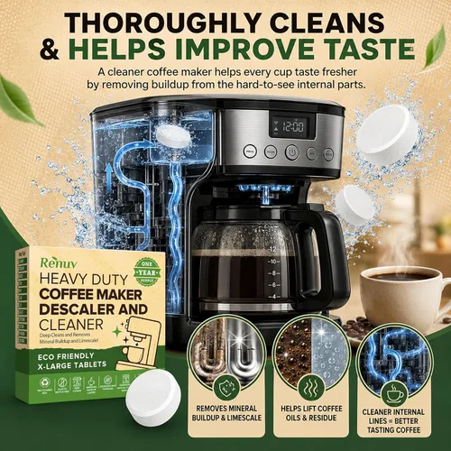 Vista 6 de Renuv Tabletas Limpiadoras y Descalcificadoras para Cafetera, 12 Usos para Keurig, Ninja, Breville, Delonghi, Nespresso, Miele, Jura, Mr Coffee