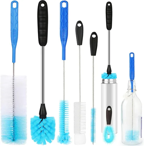 Vista 9 de Juego de 5 cepillos de limpieza de botellas, cepillo de limpieza con mango de acero inoxidable de 35.56 cm de largo y 3 cepillos para pajitas