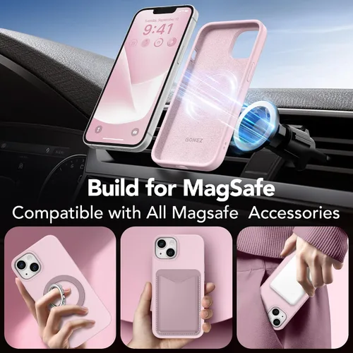 Vista 4 de GONEZ Funda magnética para iPhone 13 y iPhone 14, compatible con MagSafe, forro de microfibra antiarañazos y protector de pantalla, funda de Rosa