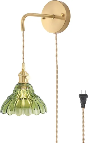 Vista 18 de Shenmoyl - Aplique de pared que funciona con pilas, lámparas de pared vintage recargables con pantalla de vidrio de lirio verde, lámpara de pared