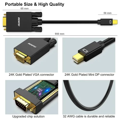 Vista 6 de BENFEI Cable Mini DisplayPort a VGA de 3 pies, cable Mini DisplayPort a VGA (compatible con Thunderbolt 2) con MacBook Air/Pro, Surface Pro/Dock