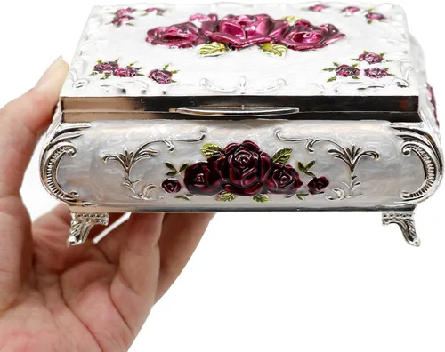 Vista 7 de AVESON Joyero rectangular de aleación de metal de lujo, caja de almacenamiento para mujeres y niñas, regalo de cumpleaños de Navidad, mediano