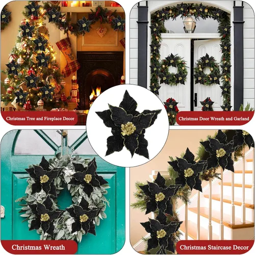 Vista 6 de SHACOS 10 piezas de 9.8 pulgadas de flores de Pascua grandes con purpurina para tallos de tela de terciopelo, flores florales, flores de Navidad