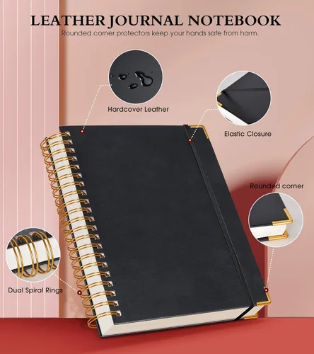 Vista 2 de Cuaderno Diario de Espiral 8.5" x 11", 300 Páginas de Tapa Dura con Forro de Cuero para Mujeres y Hombres, Cuadernos A4 Grandes con Rayas