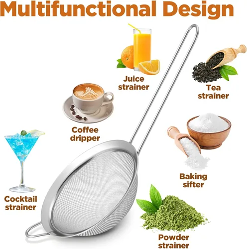 Vista 7 de 9 paquetes de colador de malla fina de acero inoxidable, colador pequeño para cóctel y té con asa para café, jugo, azúcar en polvo, 8.8 x 3.9