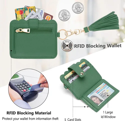 Vista 4 de Llavero tipo cartera para mujer, tarjetero RFID con llavero, llavero de bolsillo para tarjetas de borla para mujer