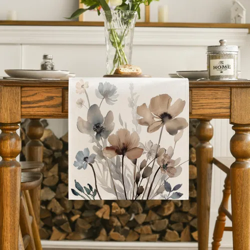 Vista 2 de Artoid Mode - Camino de mesa floral de amapolas marrones con hojas de primavera, decoración de mesa de cocina y comedor de temporada de verano