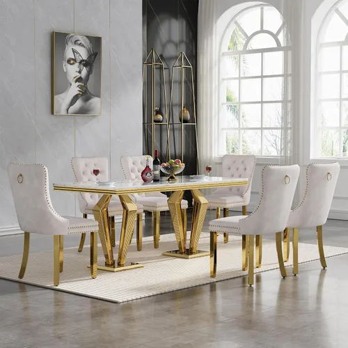 Vista 47 de HomVent - Juego de mesa de comedor de mármol sintético de 68 pulgadas con 4 sillas de terciopelo para cocina Modern Rectangular Faux Marble