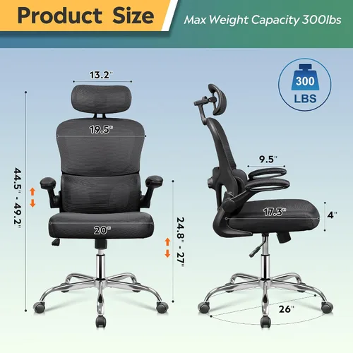 Vista 3 de DEVAISE Silla de escritorio ergonómica de malla, soporte lumbar ajustable separado, cojín grande, reposabrazos abatibles, inclinación oscilante