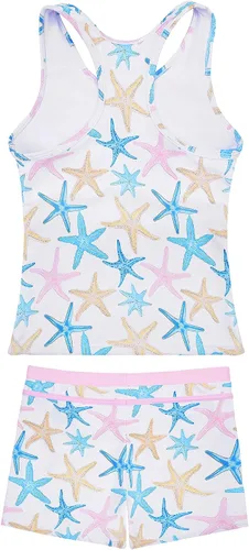 Vista 3 de JerrisApparel Traje de baño de dos piezas para niñas de verano con boyshort, diseño de tankini estrella de mar aqua