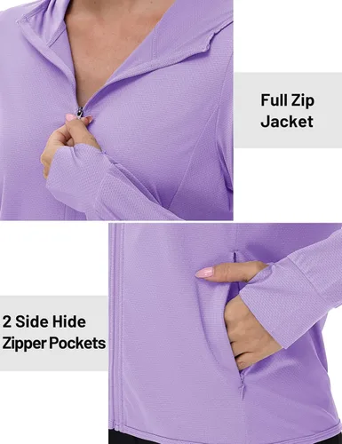 Vista 6 de TACVASEN Chaqueta ligera con capucha para mujer, con cremallera, UPF 50+, manga larga, con protección UV