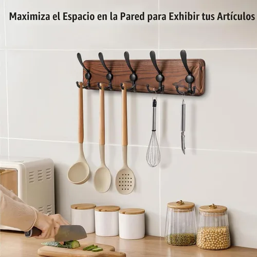 Vista 5 de Gohiuo Perchero Rústico para Montaje en Pared, Ganchos de Pared de Madera con 5 Ganchos Triples, Perchero de Madera Resistente para Colgar