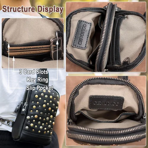 Vista 4 de CENUNCO Bolso bandolera de cuero genuino para mujer, bolso cruzado de cuero pequeño para teléfono, estilo remache, estilo remache, bolso negro