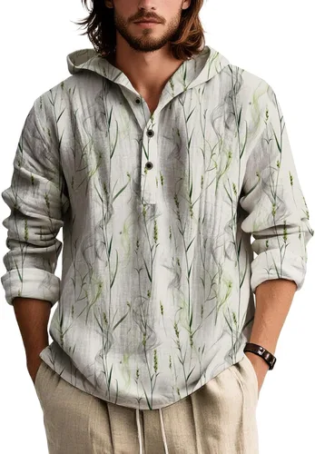 Vista 21 de Sudadera con capucha con estampado bohemio para hombre, de otoño, a la moda, con un cuarto de botón, manga larga, holgada, con capucha, de gran