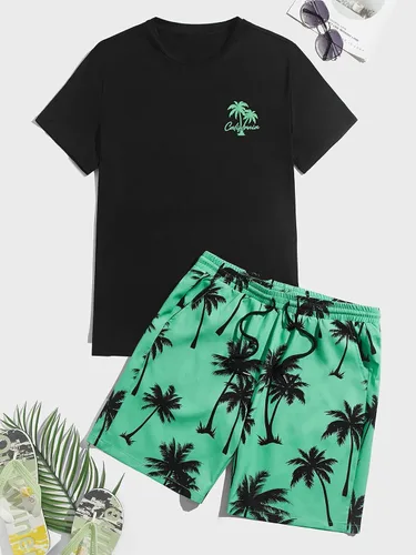 Vista 88 de GORGLITTER Conjunto de 2 piezas de camiseta gráfica de manga corta para hombre, estampado hawaiano con cordón y pantalones cortos