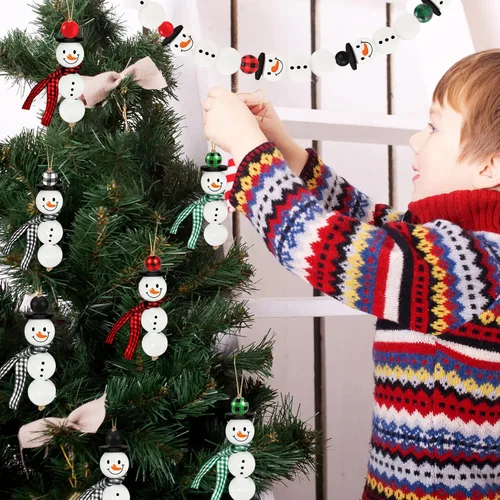Vista 6 de 205 piezas de cuentas de madera para muñeco de nieve de Navidad para proyectos de manualidades, cuentas de madera natural pulida con cordón, adornos