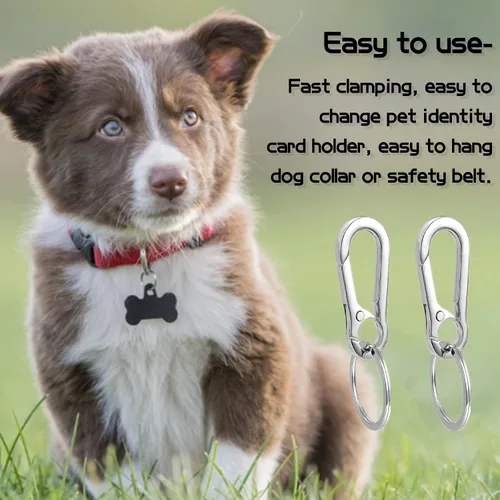 Vista 2 de Paquete de 2 clips de placa de identificación para perro, clips rápidos de acero inoxidable resistentes con anillos, soporte de etiqueta
