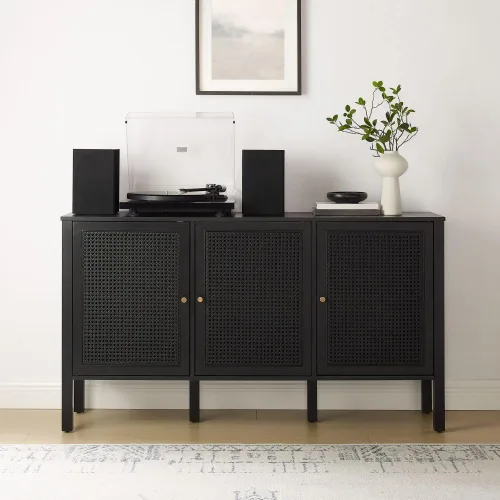 Vista 9 de Crosley Furniture Perry - Aparador de ratán moderno con armarios de almacenamiento, Credenza, soporte de TV, color negro