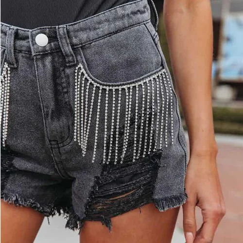 Vista 3 de Cyparel Pantalones cortos de mezclilla con diamantes de imitación para mujer, cintura media, rasgados, dobladillo deshilachado, pantalones cortos