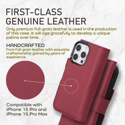Vista 2 de Bayelon Estuche tipo billetera para iPhone 15 Pro, cartera de cuero desplegable de tres pliegues, cubierta tipo folio magnética desmontable, soporte