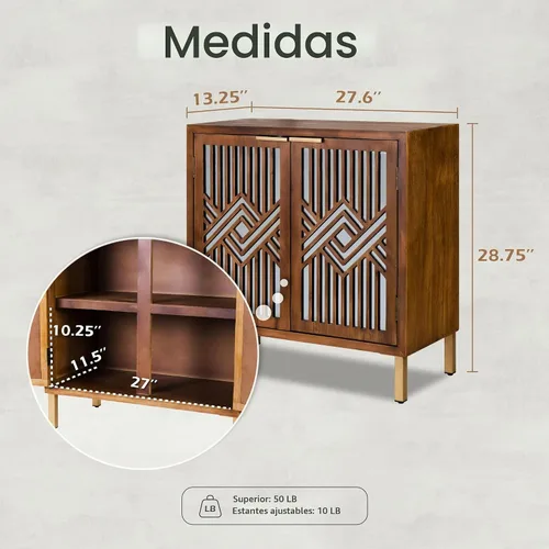 Vista 2 de COZAYH Armario decorativo de 2 puertas, aparador de madera con espejo geométrico moderno frontal, armario independiente para el hogar y la cocina