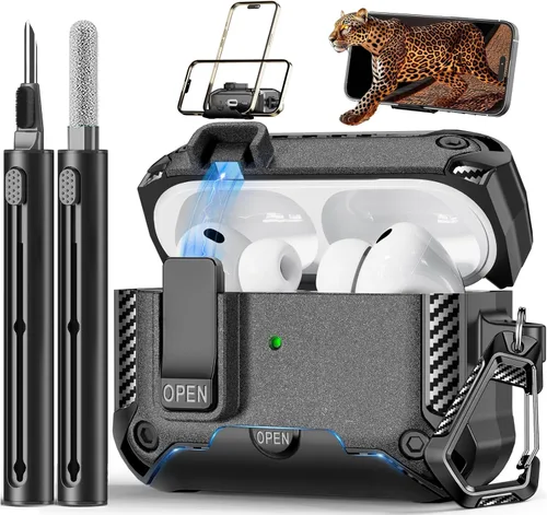 Vista 10 de Funda para AirPods Pro de 2ª Generación con Soporte para Teléfono, Protección Completa contra Caídas con Diseño de Interruptor Automático a Presión