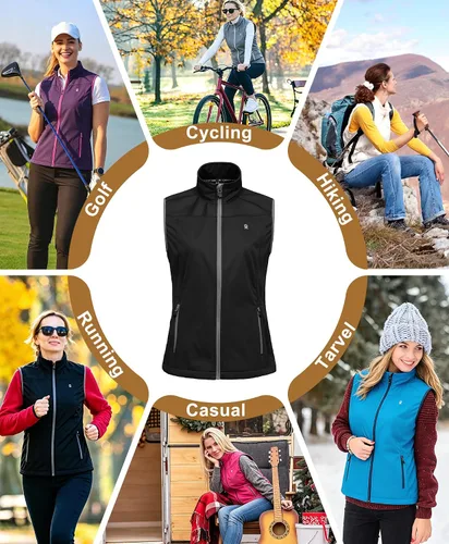 Vista 6 de Little Donkey Andy Chaleco Softshell Ligero para Mujer, Chaqueta sin Mangas Resistente al Viento para Correr, Senderismo y Viajes Negro