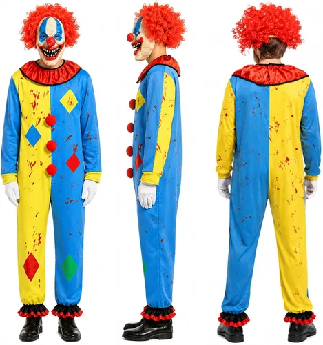 Vista 7 de Disfraz de payaso aterrador para adulto, 4 piezas, overol asesino máscara Multicolor