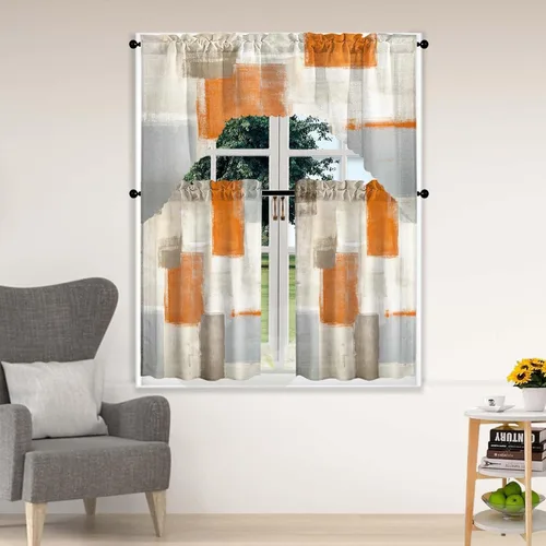 Vista 10 de Blue & Swag - Juego de 3 cortinas para ventana de cocina, cenefa de arte abstracto gris con bolsillo para barra para cocinas modernas