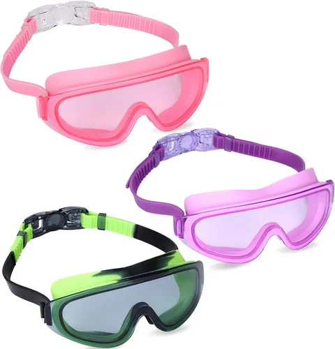 Vista 7 de Theuzi Paquete de 3 gafas de natación para niños, gafas de natación con lente de visión amplia de una pieza de 3 a 15 años