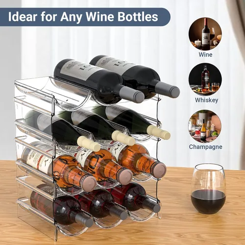 Vista 2 de Organizador de botellas de agua de plástico y soporte de almacenamiento para vino, 4 niveles y 12 contenedores apilables, estante de almacenamiento