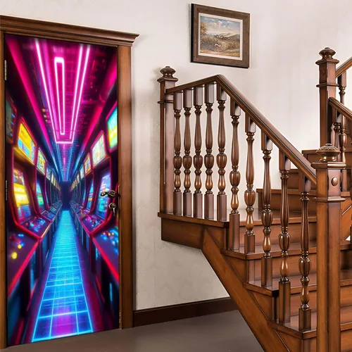 Vista 5 de Calcomanías para puerta, murales 3D, neón, retro, arcade, 80, máquinas de arcade, luces de neón, diseño retro, murales, papel tapiz autoadhesivo